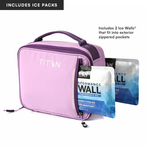 Keep Your Grub Fridge Cold All Day With This Straight Up Sweet Soft Sided Lunch Bag Featuring Double Ice Packs For Office Grind School Runs And Weekend Adventures In Smooth Lavender, showing purple lunch bag with ice packs.