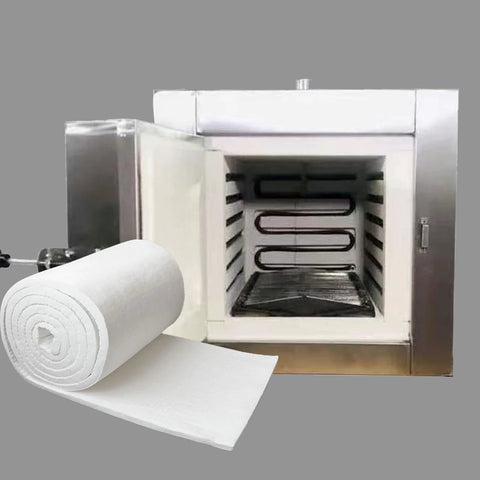 48x16x1 in ceramic fiber blanket insulation roll beside a metal wood stove interior with baffle channels