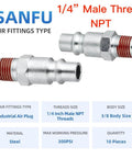 SANFU 3/8 high-flow air hose fittings, 3/8 body size, M-type plug, 1/4 in NPT threads, steel, 2 pieces