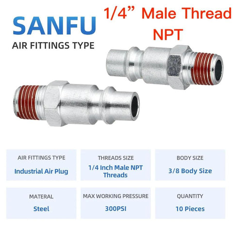 SANFU 3/8 high-flow air hose fittings, 3/8 body size, M-type plug, 1/4 in NPT threads, steel, 2 pieces