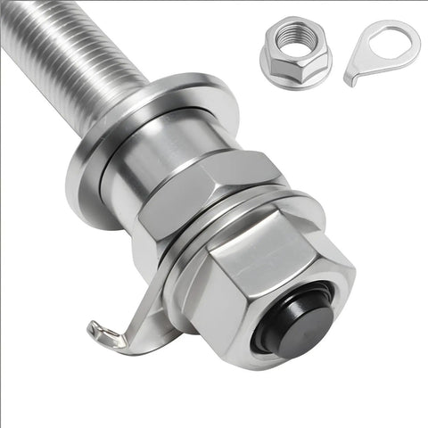 Eight Pack Bicycle Axle Nut And Safety Washer Kit, carbon steel construction, close-up of assembled axle with nut and washer