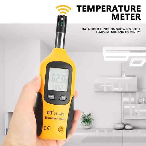 Hand holding 2 In 1 Temperature Humidity Meter Portable Digital Hygrometer Thermometer with wet bulb dew point double display