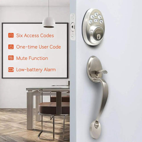 Keyless Entry Front Door Lock Set With Handle, Electronic Keypad Deadbolt, Auto Lock, Satin Nickel Finish on door
