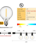 Diagram showing 25 Ft Outdoor String Lights With 27 Dimmable G40 LED Bulbs, Shatterproof and UL Listed, 2700K warm white, 1W, E12 base.
