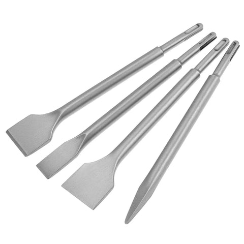 Masonry Chisel Set Four Piece For Rotary Hammer Drills Includes Point Flat Wide Scaling Tile Chisels Built Tough As Nails With 40CrMo Alloy Steel