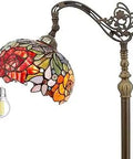 Red Rose Tiffany Style Floor Lamp With Stained Glass Arched Shade and Gooseneck, Antique Bronze Base, 64 Inch Tall