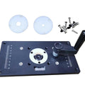 Top Shelf Aluminum Router Table Insert Plate With Reliable Woodworking Mounts And Precision Center Hub And Quick Lift Refit Design For Plunge Router Base Setup, showing black aluminum plate with adjustment lever.