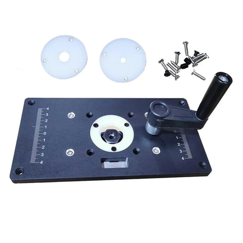 Top Shelf Aluminum Router Table Insert Plate With Reliable Woodworking Mounts And Precision Center Hub And Quick Lift Refit Design For Plunge Router Base Setup, showing black aluminum plate with adjustment lever.