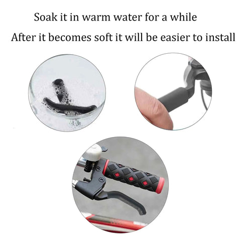 Three Pairs Black Bicycle Brake Lever Grips With Anti Slip Silicone Texture For All Weather Control shown in installation process