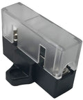 Heavy Duty Stackable Fuse Holder Panel And Distribution Block Compatible With Ato Atc And Min Atm Blade Fuses Featuring Hella Solid Plug And Play Wiring For Your Ride Or Rig In Black, close-up view showing clear cover and metal contacts.