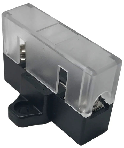 Heavy Duty Stackable Fuse Holder Panel And Distribution Block Compatible With Ato Atc And Min Atm Blade Fuses Featuring Hella Solid Plug And Play Wiring For Your Ride Or Rig In Black, close-up view showing clear cover and metal contacts.
