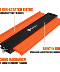 Contour Gauge Duplication Tool With Locking Clamp for precise shape copying, 158 non-scratch teeth, built-in ruler, orange-black color.