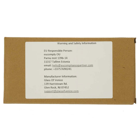 Back of box with contact information for Murano Glass Bottle Stopper With Sunny Stripes, Handmade In Italy details.
