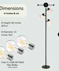 Three Light Black Floor Lamp Tree Style With Industrial Modern Look And Three Adjustable Heads For Ambient And Task Lighting
