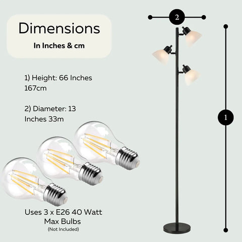 Three Light Black Floor Lamp Tree Style With Industrial Modern Look And Three Adjustable Heads For Ambient And Task Lighting