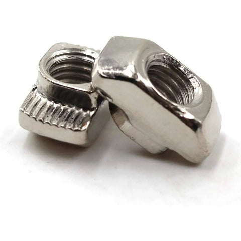 Close-up of 100 Pcs Rugged Beefy 4545 Series M6 T Slot Hammer Head Fastener T Nuts nickel plated carbon steel.