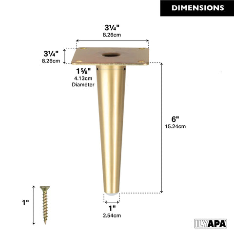 Gold Tapered Oblique Metal Furniture Leg Set Of 4 16 Inch Mid Century Modern Replacement Feet For Chairs Coffee Tables And Cabinets Heavy Duty Build Easy Install For DIY Upgrades.