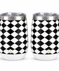 Premium Double Wall Insulated Stemless Wine Tumblers With Slider Lids 12 Oz Set featuring black and white checkered design for stylish sipping.
