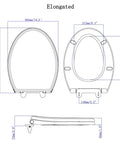 Technical diagram of Elongated Quiet Close Toilet Seat With One Click Quick Release Anti Shift Design, dimensions included.