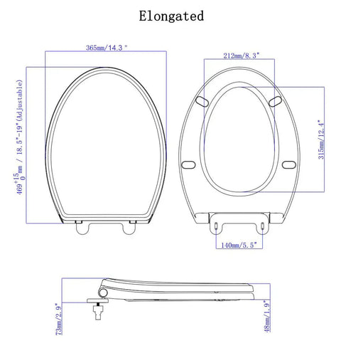 Technical diagram of Elongated Quiet Close Toilet Seat With One Click Quick Release Anti Shift Design, dimensions included.
