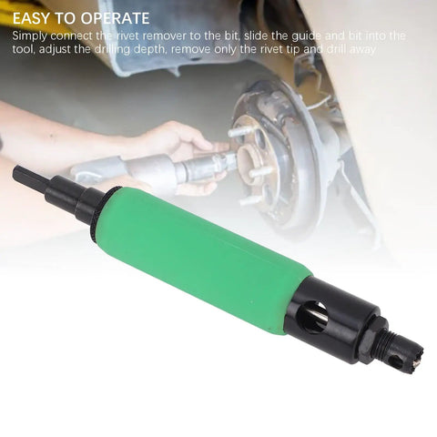 Blind Rivet Removal Tool Kit For 1/4 Inch Drills, Built For Fast, No Hassle Rivet Popper Action, Universal Compatibility With Pneumatic Or Electric, Includes Guide And Five High Speed Threaded Bits That Precisely Fit 1/8 Inch Rivets, green tool attached to drill