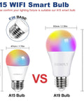 Comparison of A15 vs A19 bulbs with E26 base. Color Changing Smart A15 LED Bulb With Dimmable WiFi Control dimensions shown.