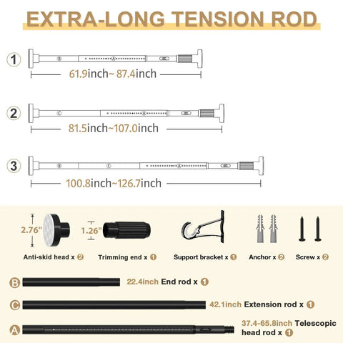 Heavy Duty Tension Curtain Rod No Drilling Adjustable From 41 To 126 Inches 1.26 Inch Diameter Easy One Pull Install Indoor And Outdoor Use Fits Windows Bathrooms Showers And Patios Strong Rust Resistant diagram