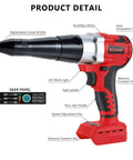 Cordless Rivet Gun Tool For M18 18V Battery Systems Red Compact Build with replaceable nozzle and LED work light.