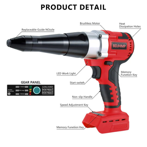 Cordless Rivet Gun Tool For M18 18V Battery Systems Red Compact Build with replaceable nozzle and LED work light.