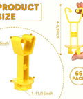 25 Pack T Post Insulators for Electric Fence Wire Heavy Duty Extended Chain Link Fence Insulators for Farm Livestock and Pet Fencing Compatible With Wire Poly Wire and Poly Rope Yellow shown with dimensions and a hand holding one insulator.