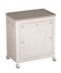 Roomy Foldable Clothes Storage Bin With Tight Seal Lid And Easy Roll Wheels, 125 Quart Heavy Duty Closet Organizer in beige with wheels.