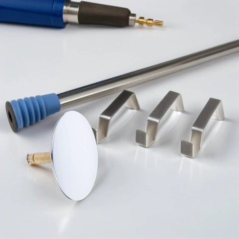 Copper Bathtub Drain Stopper with Rotary One Press Sealing shown with metal installation tools and fittings on a white surface.