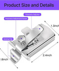 Front view of silver metal magnetic seam guide for sewing machines with thickness adjuster and screw
