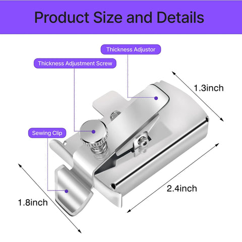 Front view of silver metal magnetic seam guide for sewing machines with thickness adjuster and screw