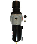 Half Inch NPT Piggyback Filter Regulator For Air Lines And Compressors, Up To 200 PSI, black and gray industrial unit