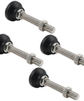 Four Pack Heavy Duty Adjustable Leveling Feet With M16 Screw Thread And Slick Black Rubber Base For Furniture And Machines Delivers Rock Solid Stability Includes Nifty T Bolts For Quick Setup, showing adjustable leveling feet with black rubber base and metallic M16 threads.
