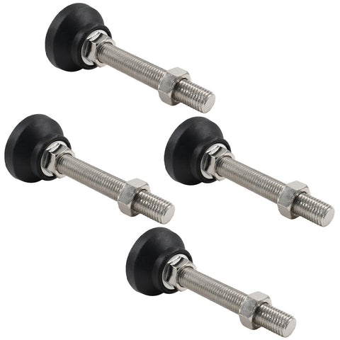 Four Pack Heavy Duty Adjustable Leveling Feet With M16 Screw Thread And Slick Black Rubber Base For Furniture And Machines Delivers Rock Solid Stability Includes Nifty T Bolts For Quick Setup, showing adjustable leveling feet with black rubber base and metallic M16 threads.