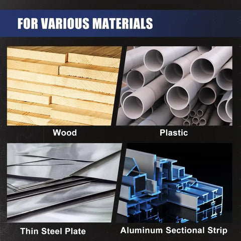 Image showing materials: wood planks, plastic pipes, thin steel plates, and aluminum sectional strips for Step Drill Bit Set