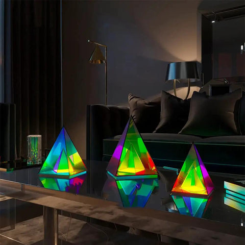 Pyramid Modern Table Lamp Led Desk Light With Colorful Transparent Glow 3D Acrylic Home Decor Large Warm Night Light in a living room