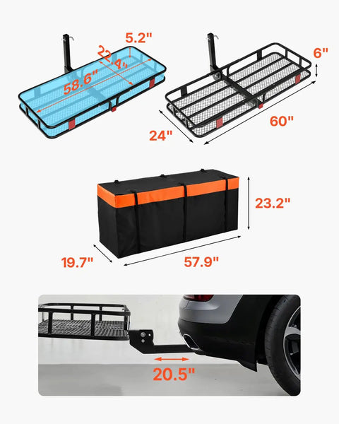 Foldable Hitch Carrier 60x24x6 Inch With 500lb Capacity dimensions and fit on SUV, mesh steel construction