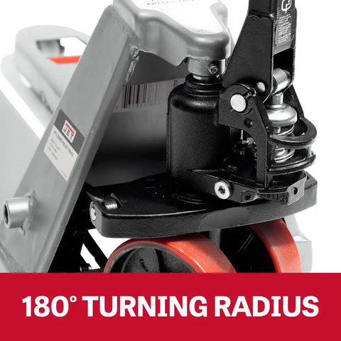 Close-up of Pallet Jack 16 Inch By 36 Inch Low Profile Load Lift With 5500 Lb Capacity showing 180-degree turning radius