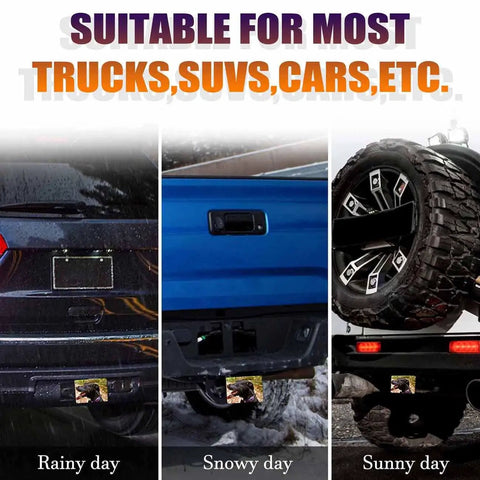 Personalized Hitch Cover For 2 Inch Receivers With Custom Photo And Text Heavy Duty Steel Trailer Plug Cover For Trucks SUVs And Pickups in different weather conditions, showing suitability for trucks, SUVs, and pickups.
