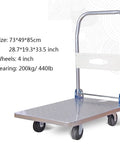 Ultra Rugged Heavy Duty Steel Platform Hand Truck Foldable Four Wheel Dolly Trolley showing size 73x49cm and 4 inch wheels for smooth furniture moving.