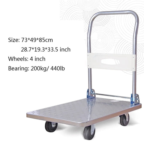 Ultra Rugged Heavy Duty Steel Platform Hand Truck Foldable Four Wheel Dolly Trolley showing size 73x49cm and 4 inch wheels for smooth furniture moving.