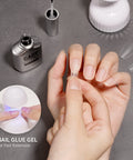 Applying Two In One Nail Glue And Base Gel For Acrylic Tips 16ml UV Light Cure In Sixty Seconds using UV light for press-on nails.