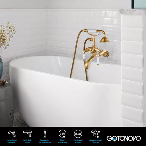 Antique Brass Clawfoot Bathtub Faucet With Wall Mount Handheld Shower Set above white tub, showing double lever handle