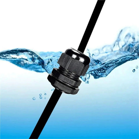 Waterproof IP68 Nylon Cable Gland Kit 10 Pieces with locknuts for PG fittings showing water resistance.