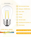 15 Pack 2W S14 LED Replacement Bulbs For Outdoor String Lights, Dimmable Vintage Edison Style, E26 Base, IP65 Waterproof