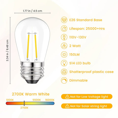 15 Pack 2W S14 LED Replacement Bulbs For Outdoor String Lights, Dimmable Vintage Edison Style, E26 Base, IP65 Waterproof