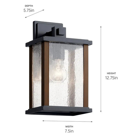 Outdoor Wall Light Sconce With Black Finish And Clear Ribbed Glass, 1 Light Exterior Fixture, 12.75x7.5x5.75 inches, Rustic Style